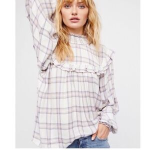 NWT Free People Charlie Ruffle Long Sleeve  Plaid Mockneck Blouse Size: S